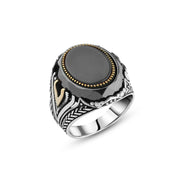 Men’s Silver Ring with Black Agate Stone and Gold-Plated Details

