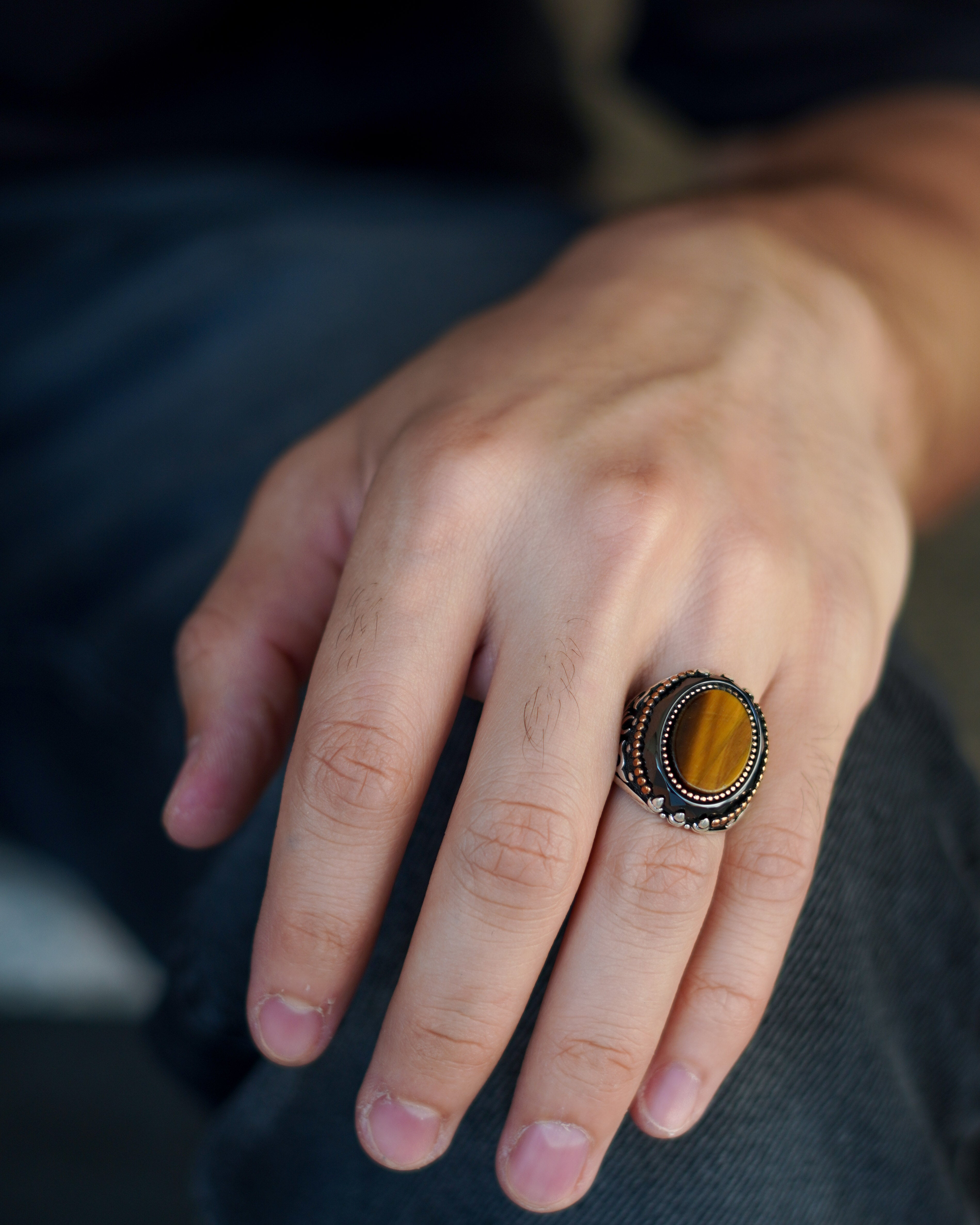 Men's Silver Ring with Natural Tiger Eye Stone and Gold-Plated Ornaments

