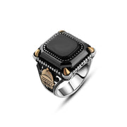 Men's Silver Ring with Square Black Agate, Dome of the Rock Engraving, and Copper-Toned Accents

