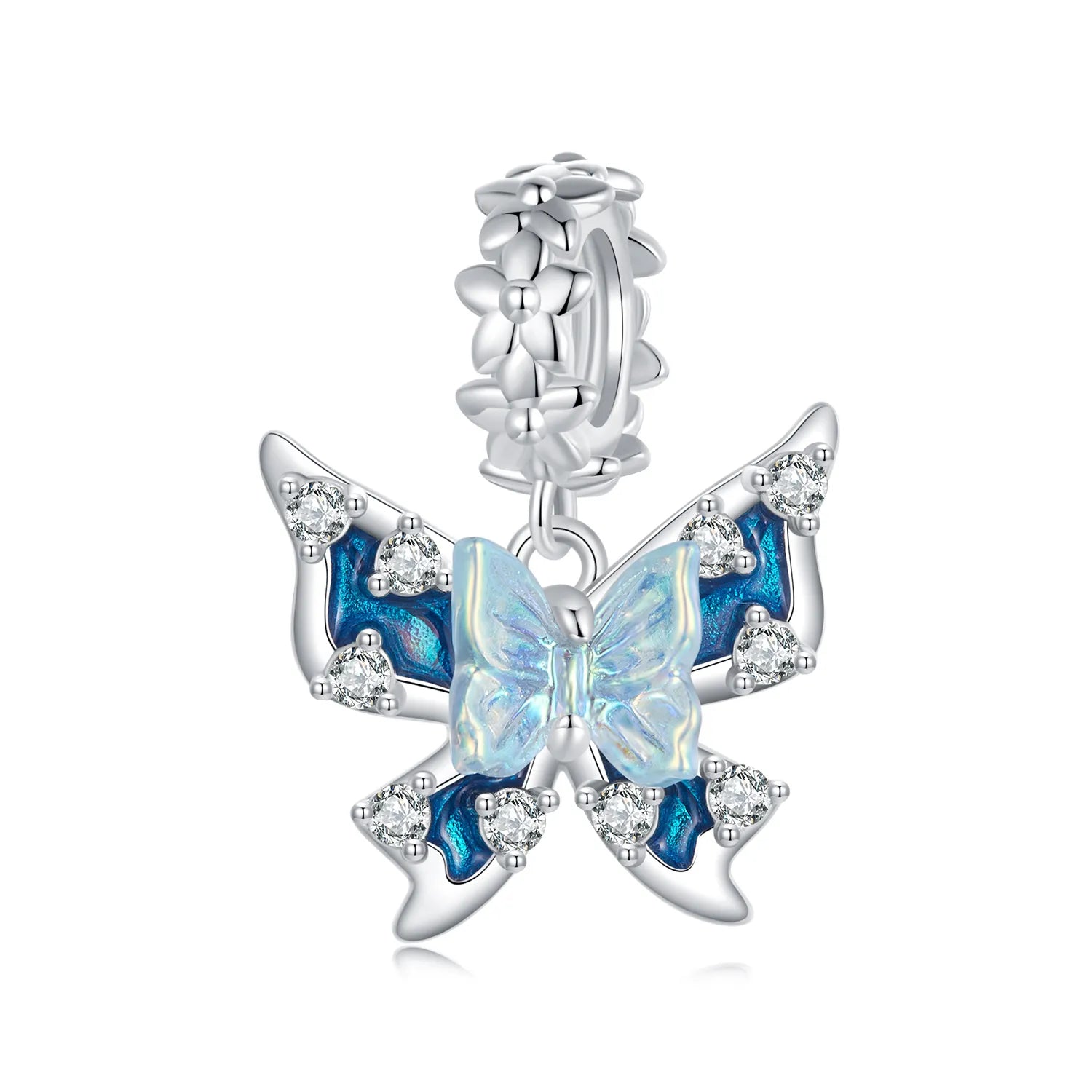 925 Silver Butterfly Charm with Blue Enamel and Sparkling Stones