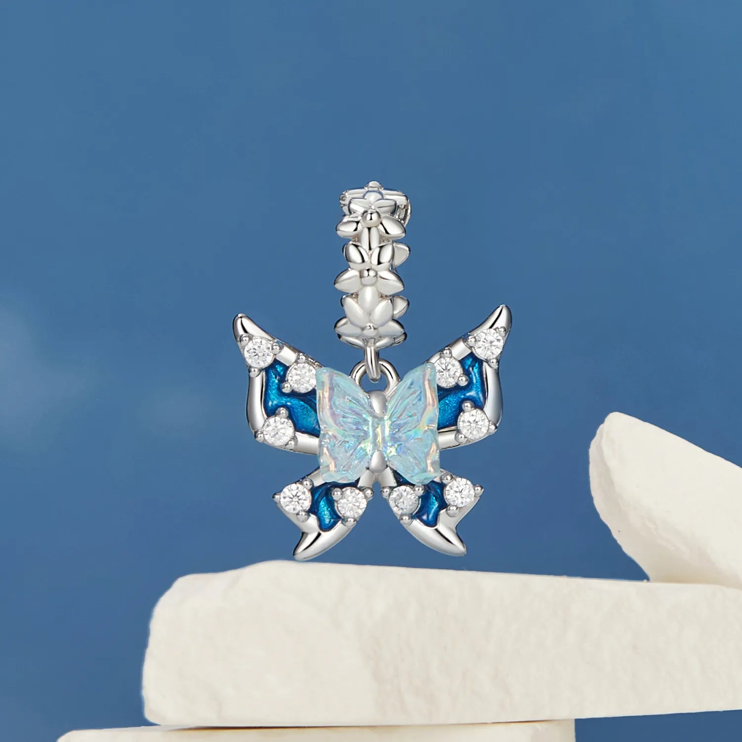 925 Silver Butterfly Charm with Blue Enamel and Sparkling Stones