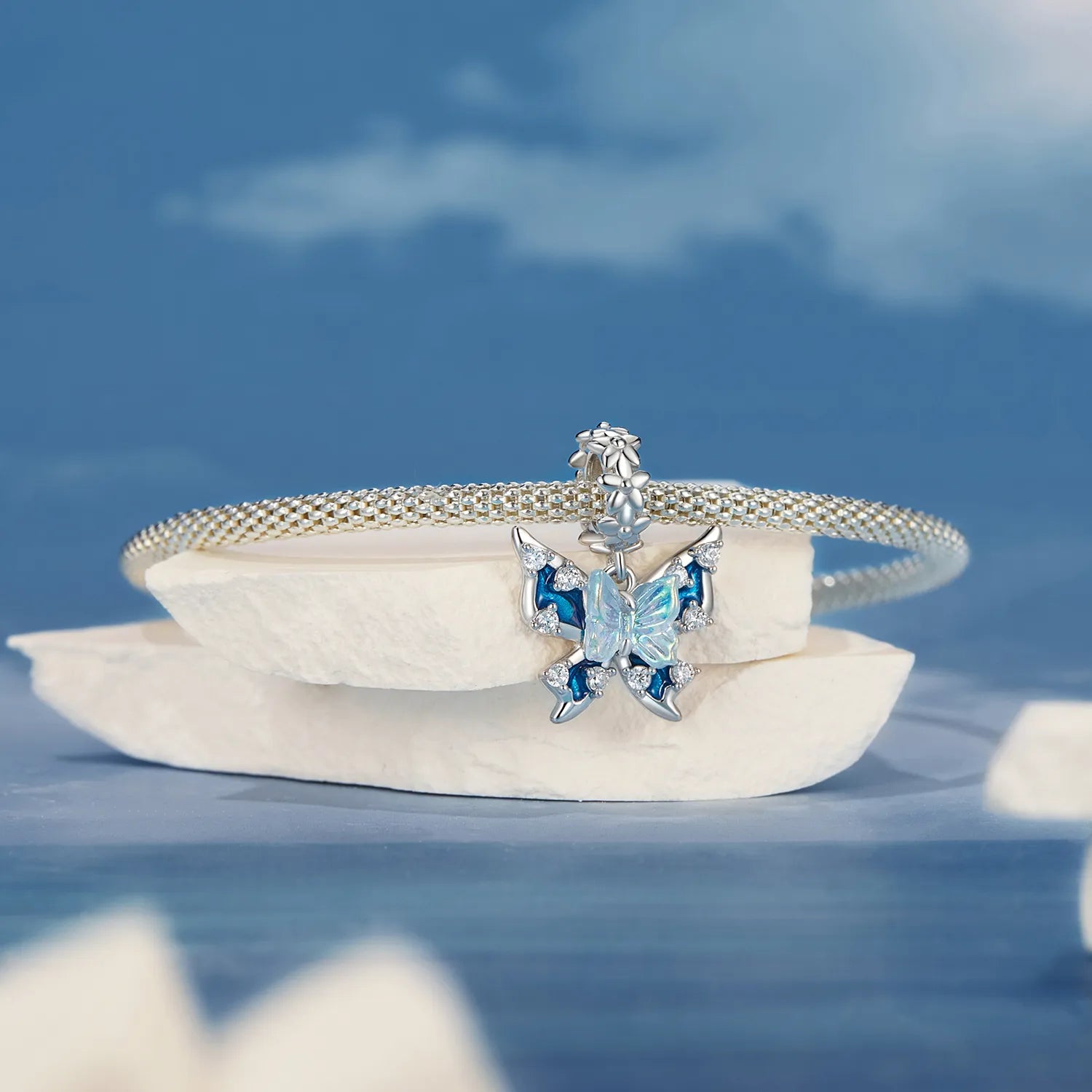 925 Silver Butterfly Charm with Blue Enamel and Sparkling Stones