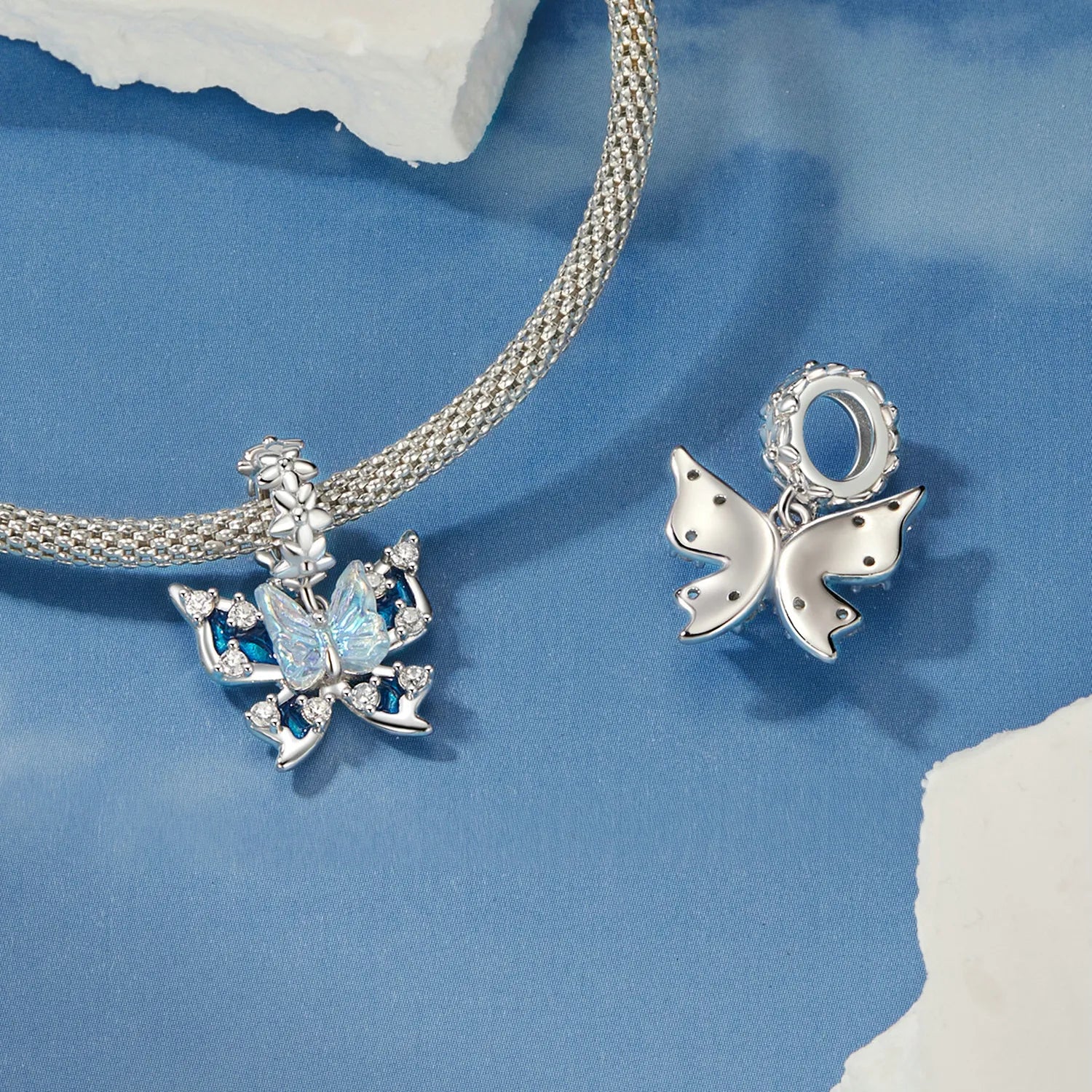 925 Silver Butterfly Charm with Blue Enamel and Sparkling Stones