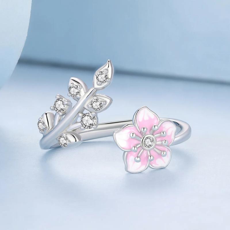 Pink Cherry Blossom Ring – 925 Silver with Open Design and Sparkling Zircon

