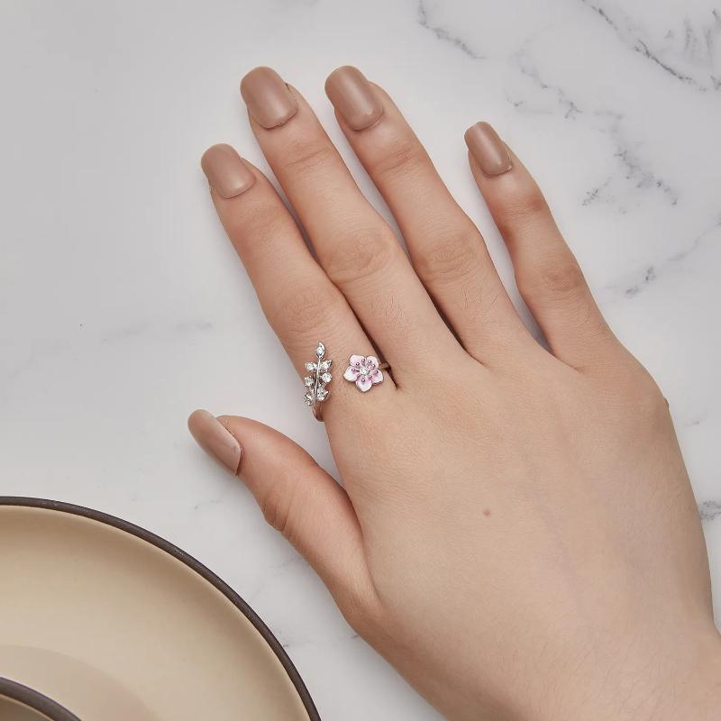 Pink Cherry Blossom Ring – 925 Silver with Open Design and Sparkling Zircon

