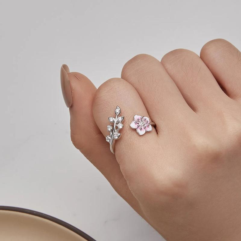 Pink Cherry Blossom Ring – 925 Silver with Open Design and Sparkling Zircon

