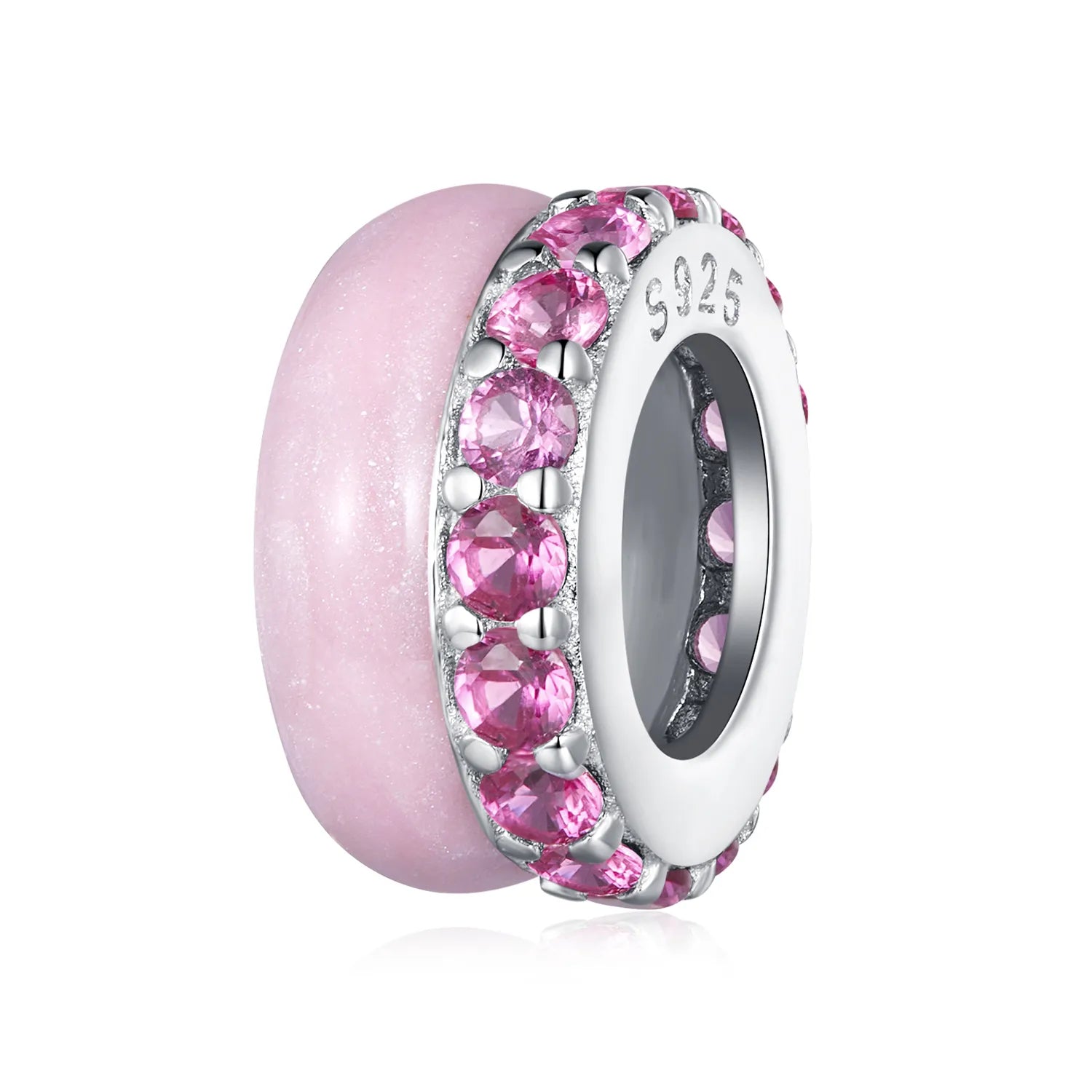 925 Silver Pink Bead Charm Adorned with Stones