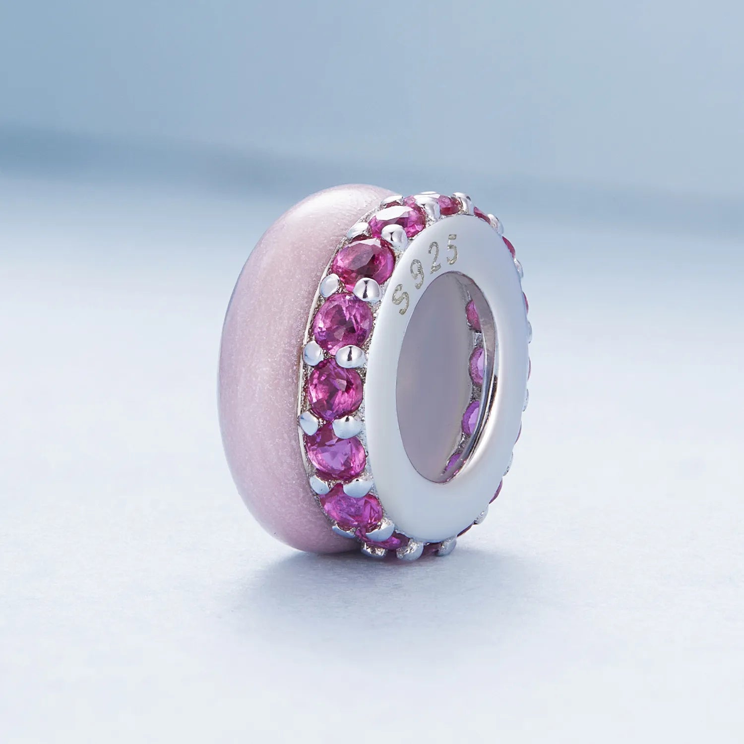 925 Silver Pink Bead Charm Adorned with Stones