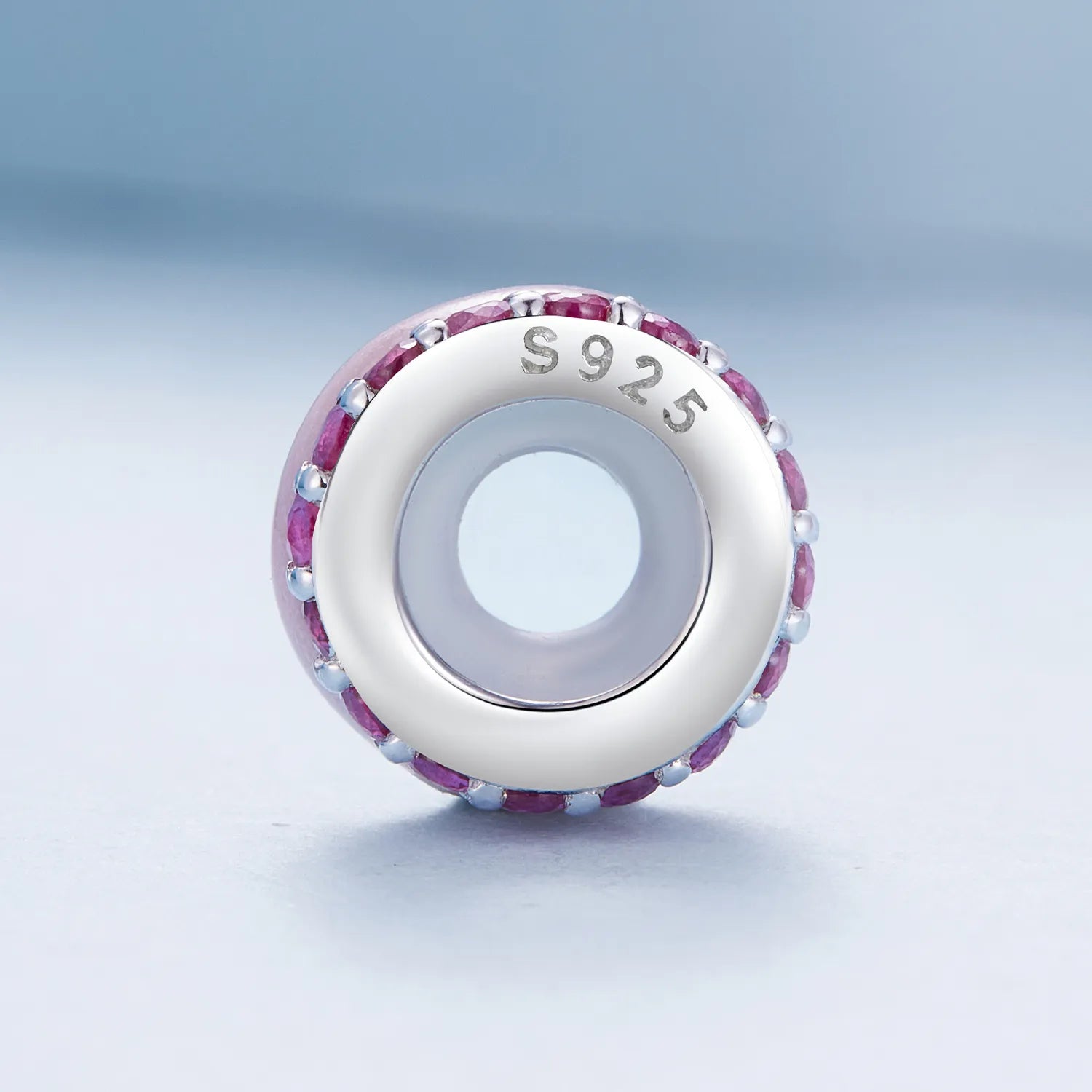 925 Silver Pink Bead Charm Adorned with Stones