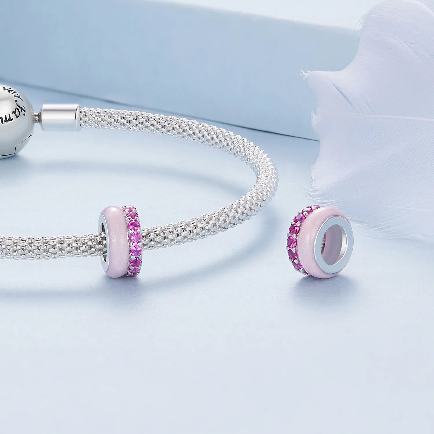 925 Silver Pink Bead Charm Adorned with Stones
