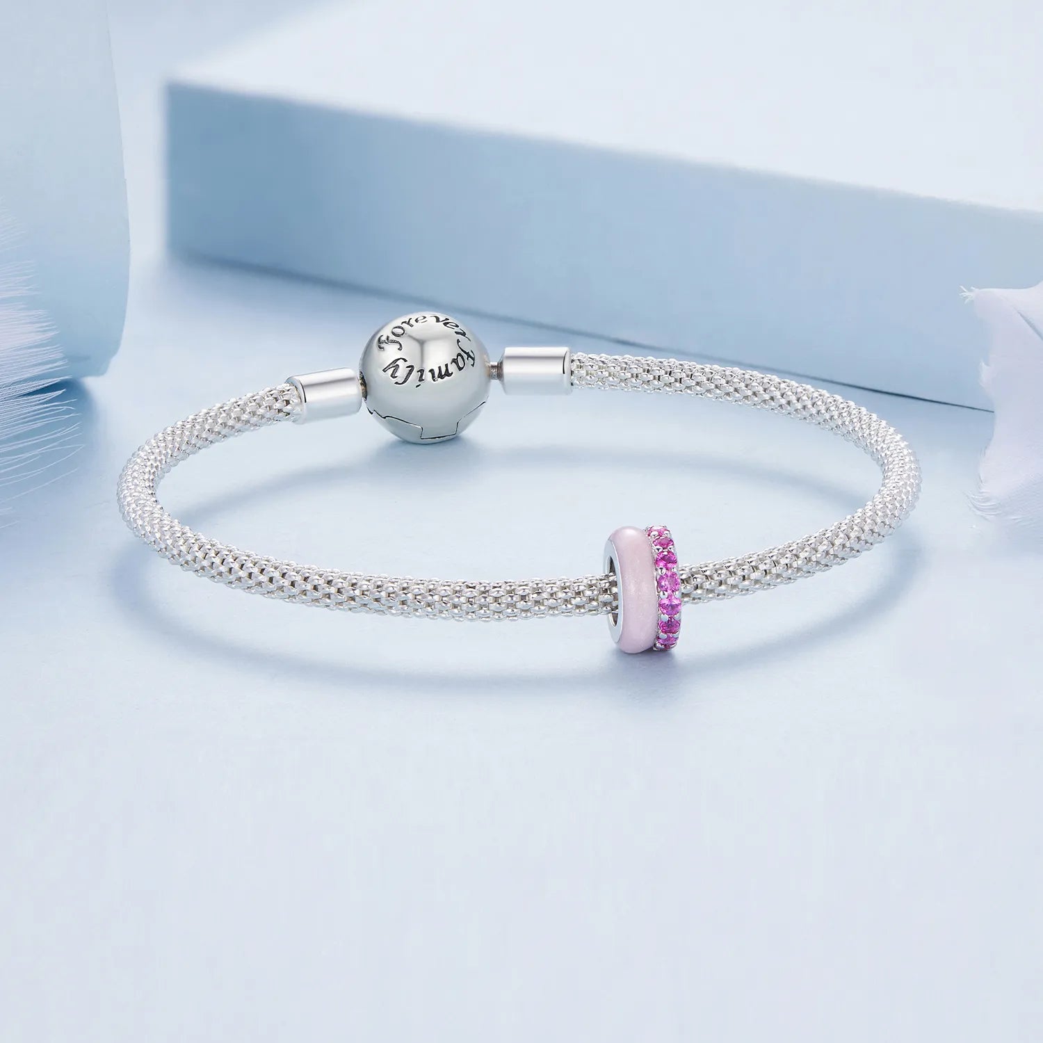 925 Silver Pink Bead Charm Adorned with Stones
