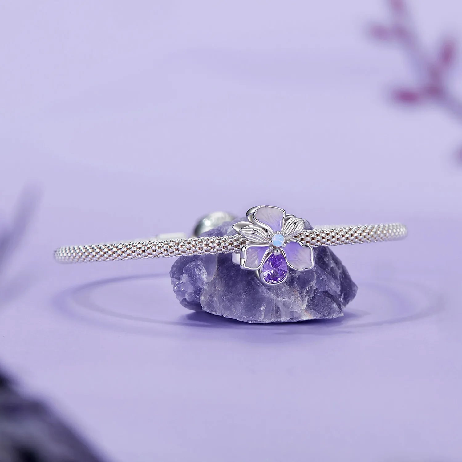 دلاية فضة عيار 925 حجر كريستالي لامع زهري