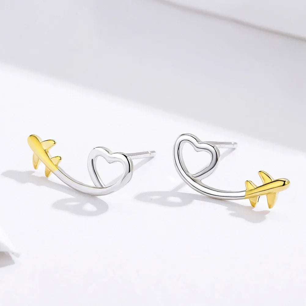 925 silver airplane and heart earrings