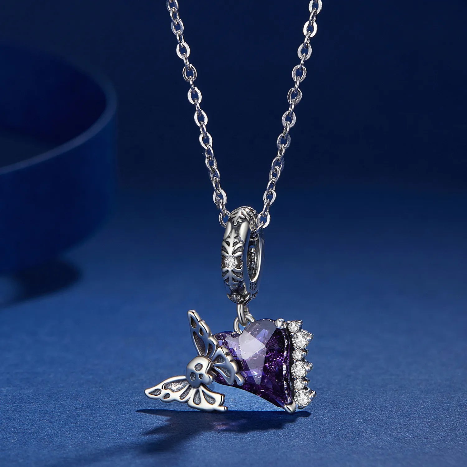 دلاية فضة 925 قلب بنفسجي مع فراشة جمجمة