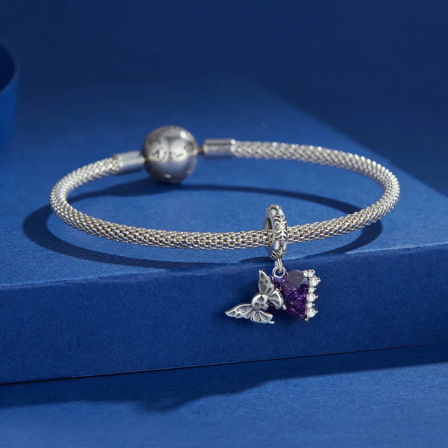 دلاية فضة 925 قلب بنفسجي مع فراشة جمجمة