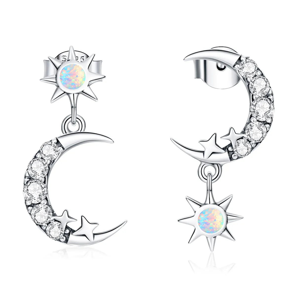 925 silver hoop earrings with a crescent moon design and dangling star