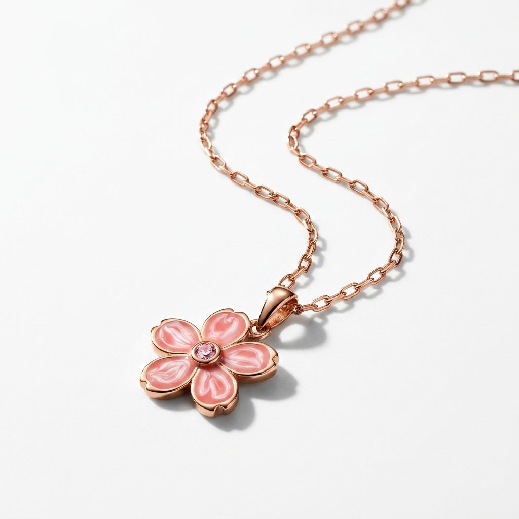 Rose Gold Flower Pendant Necklace 925 Silver