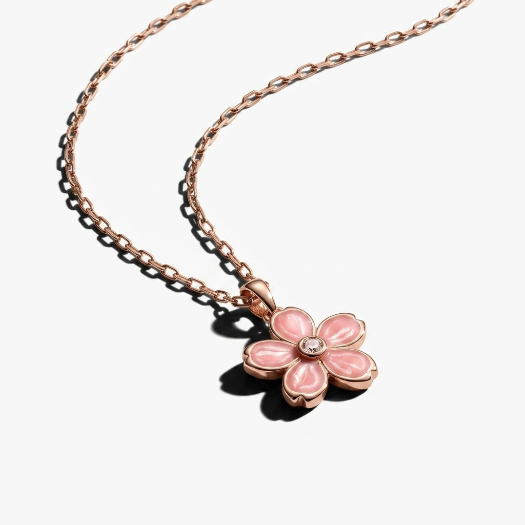 Rose Gold Flower Pendant Necklace 925 Silver