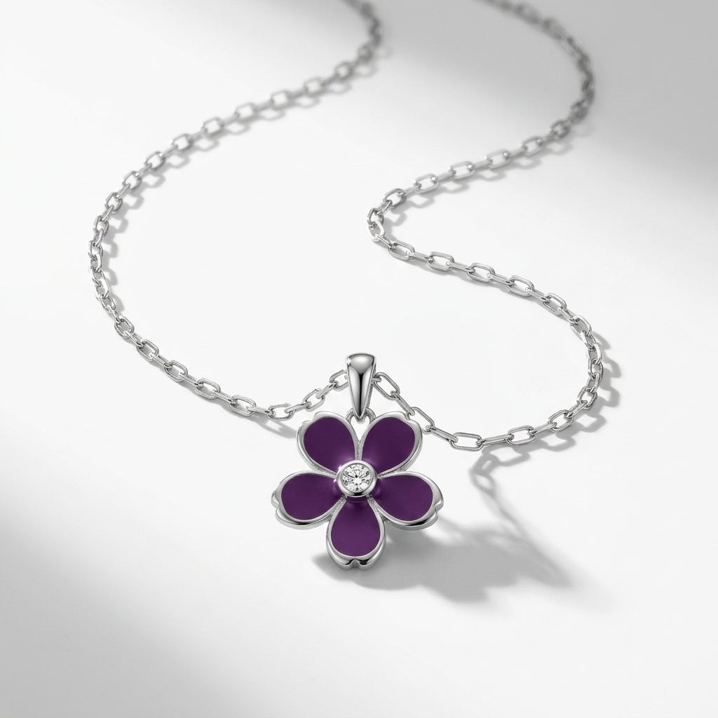 Purple Flower Pendant Necklace 925 Silver