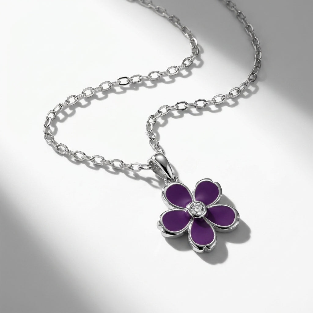 Purple Flower Pendant Necklace 925 Silver