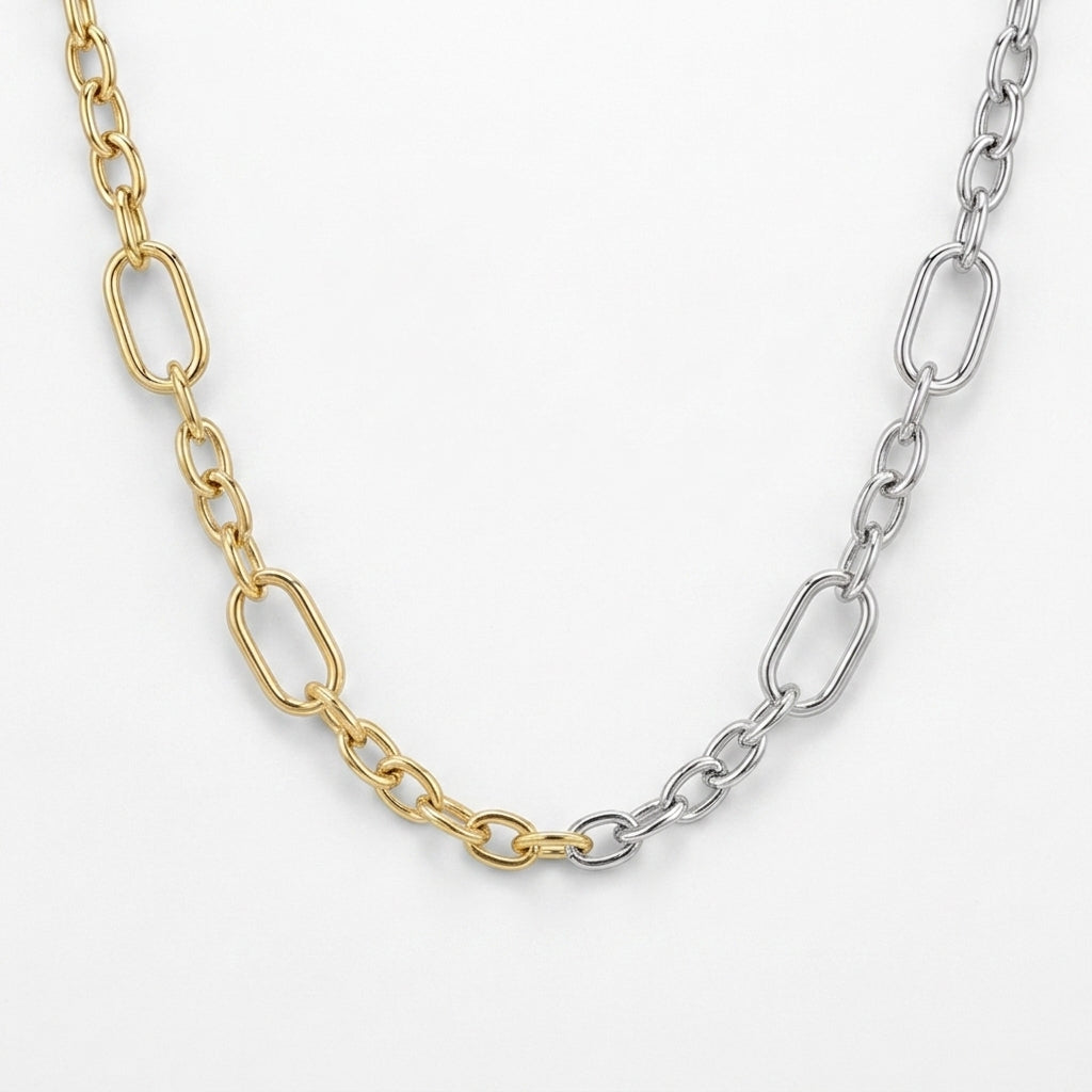 Two-Tone Paperclip Chain Necklace, 925 Silver
