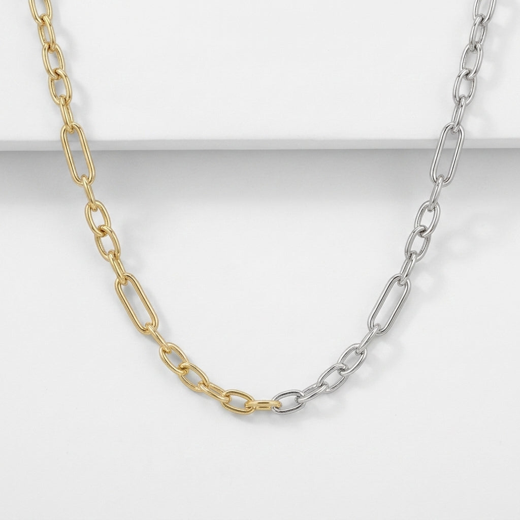 Long Two-Tone Paperclip Chain Necklace, 925 Silver