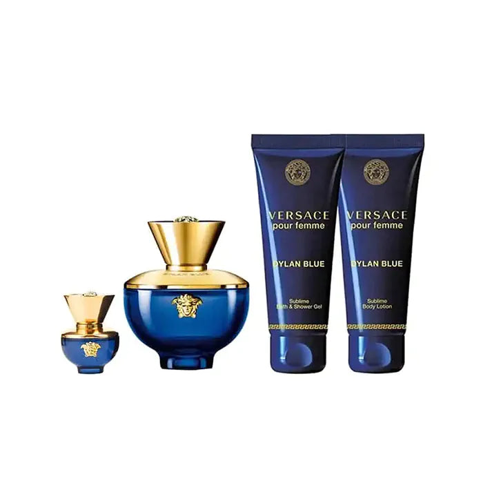 عطر فيرساتشي بور فيم ديلان بلو للنساء – مجموعة هدايا (أو دو بارفان 100مل + عطر 5مل + لوشن للجسم 100مل + جل استحمام 100مل)