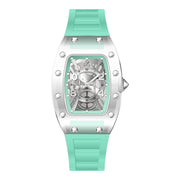 Reys Women's Analog Watch – Silver Case, Mint Green Rubber Strap & Skeleton Dial