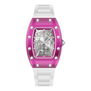 Reys Women's Analog Watch – Purple Case, White Rubber Strap & Skeleton Dial