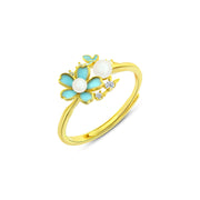 925 Silver Ring with turquoise Flower and Pearl Design – Gold Plated