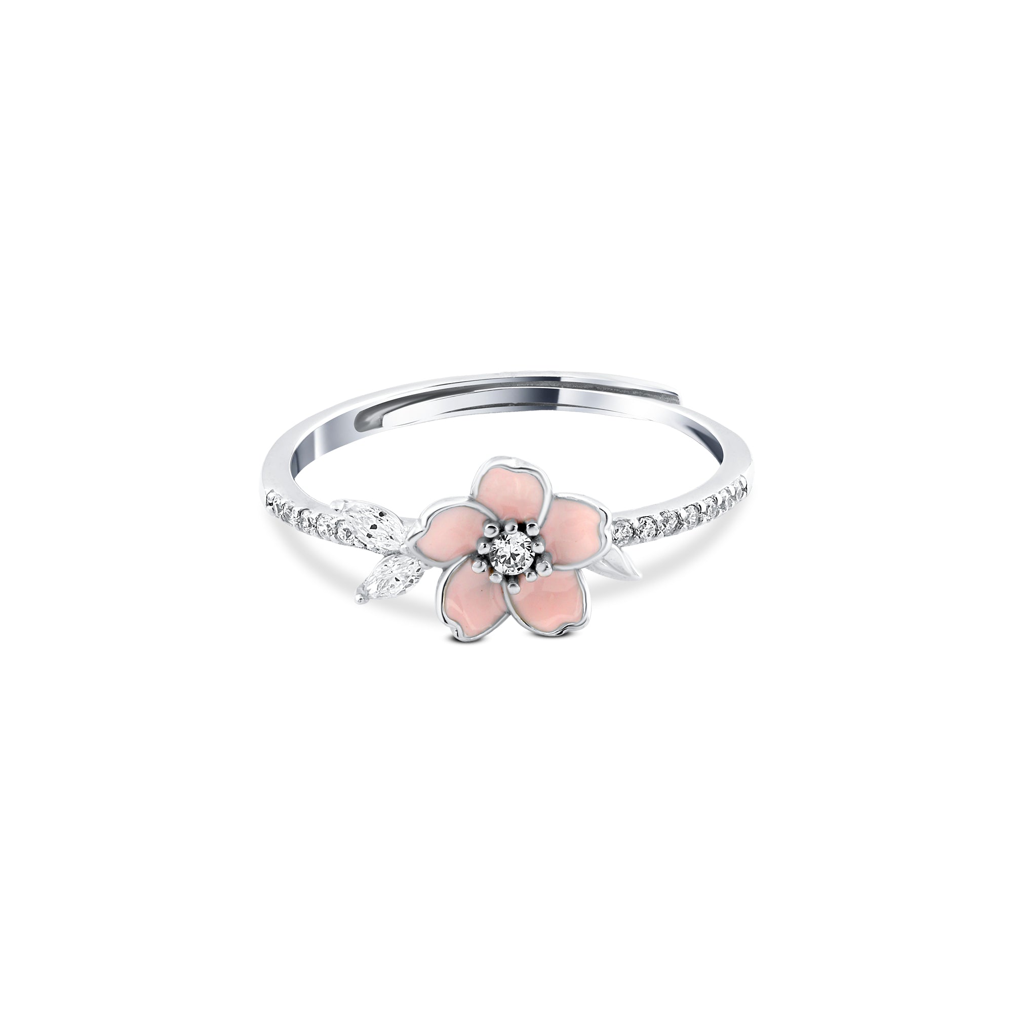 خاتم فضة 925 زهرة الساكورا مطلي بالبلاتين اللامع