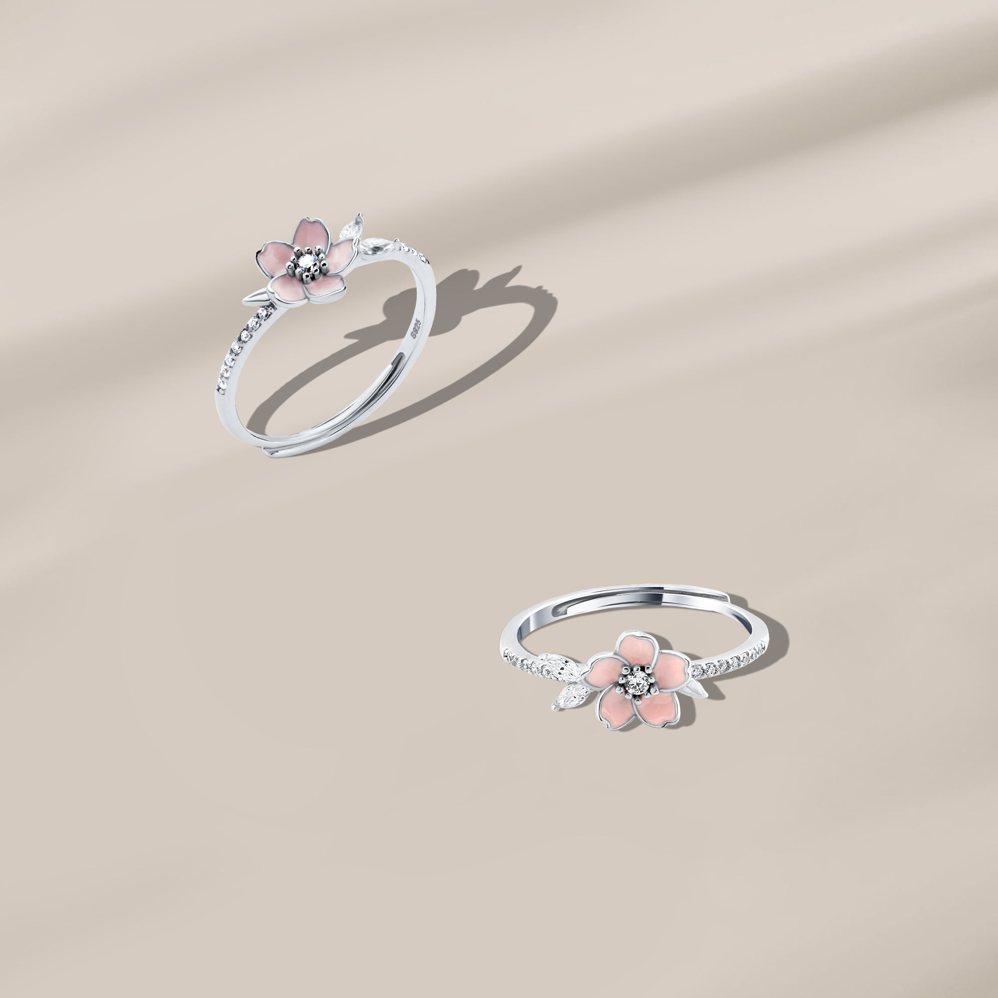  925 Silver Sakura Bloom Ring , Platinum-Plated