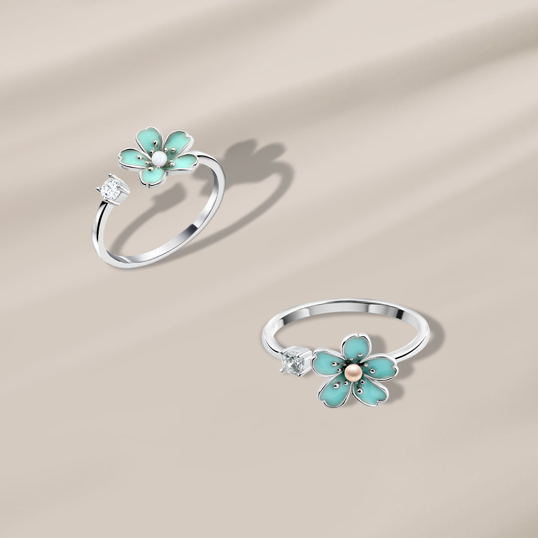 خاتم فضة 925 زهرة فيروزية مع فص زركون لامع