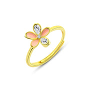 925 silver ring plated with gold, featuring a pink flower design and sparkling stones