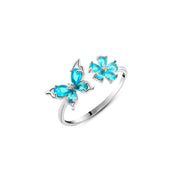 925 Silver Ring with Butterfly and Flower Design Featuring Sparkling Blue Stones