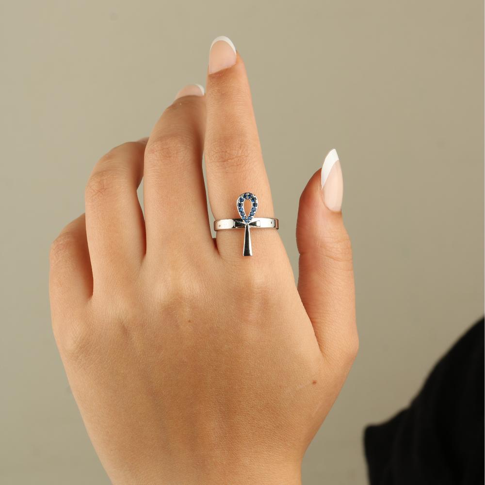 Pharaonic ring with the key of life design, 925 silver, studded with blue zircon lobes