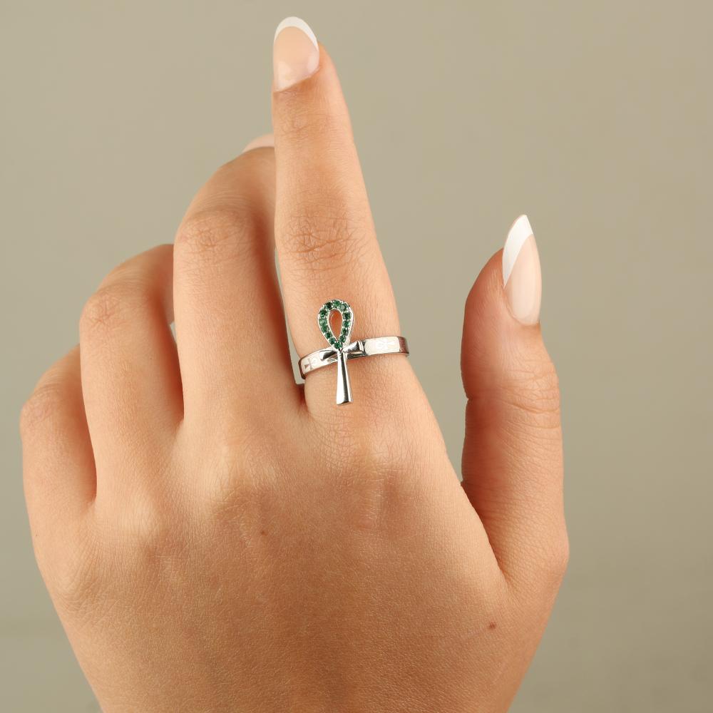 925 Silver Ring with Ankh Design and Green Stones Zircon 