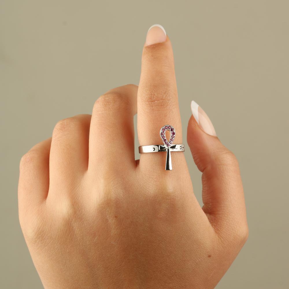 خاتم فرعوني بتصميم مفتاح الحياه فضة 925 مرصع بفصوص الزركون الوردي