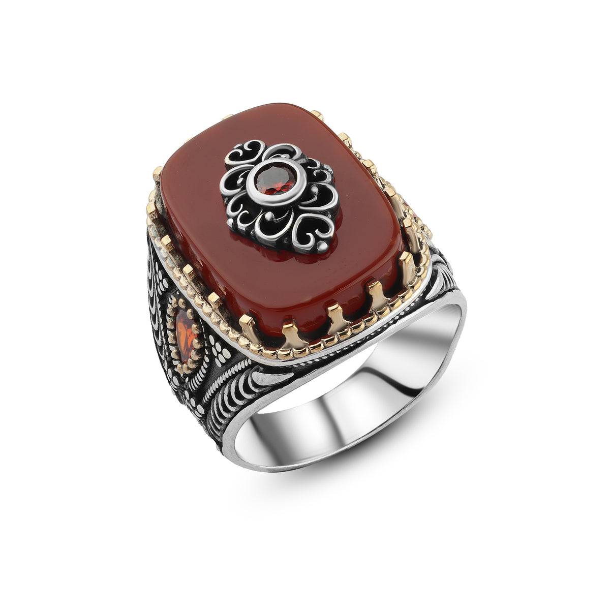 Men's Silver Ring with Red Agate Stone and Ottoman-Inspired Details ...