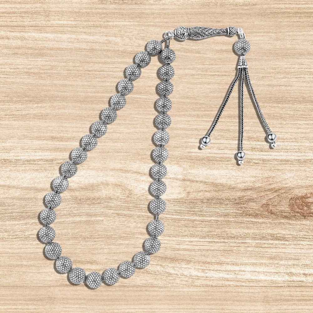 Rosary 999 sterling silver with finely engraved spherical beads