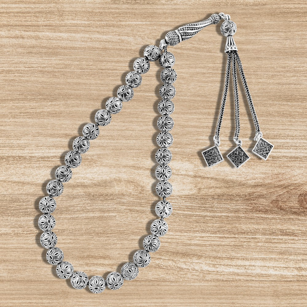 Luxury Turkish round prayer beads with three engraved tassels, 99 beads