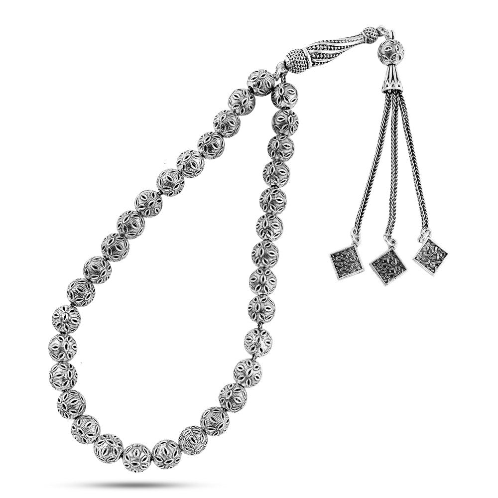 Luxury Turkish round prayer beads with three engraved tassels, 99 beads
