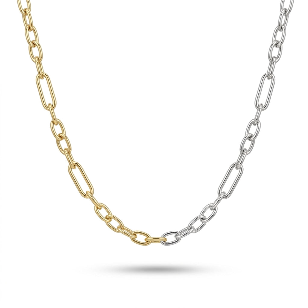 Long Two-Tone Paperclip Chain Necklace, 925 Silver