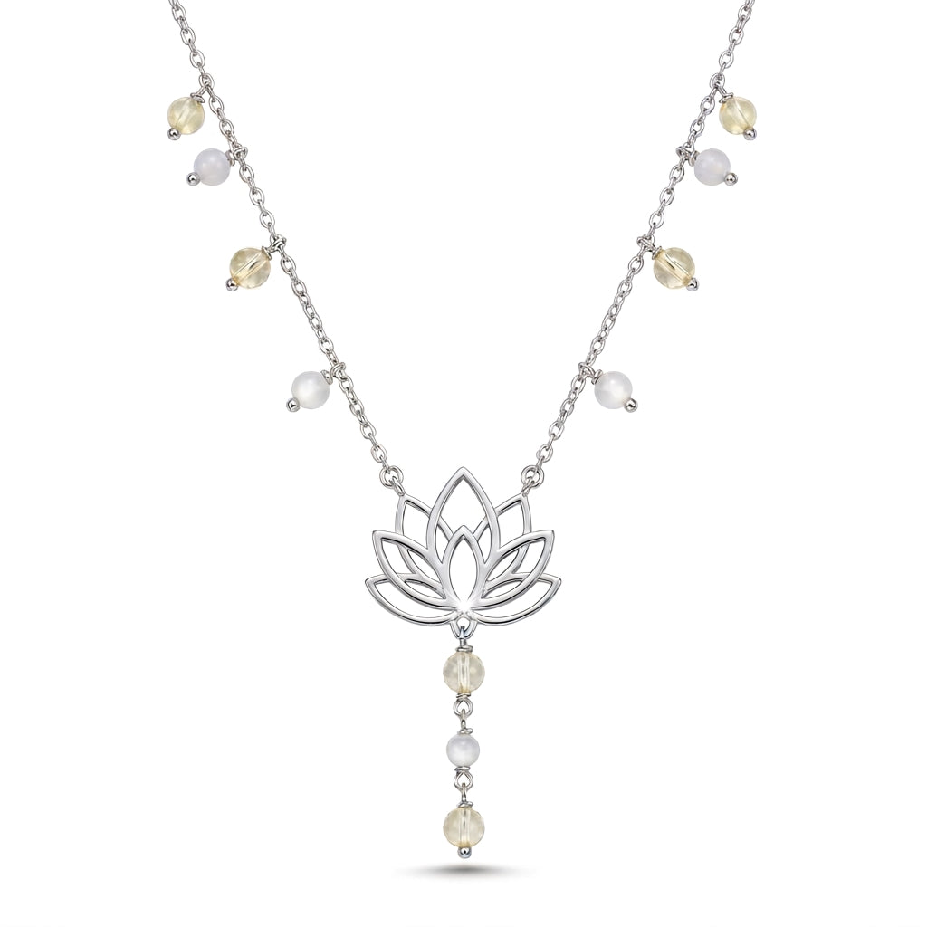 Lotus Flower Necklace with Yellow Beads & Pearls in 925 Silver