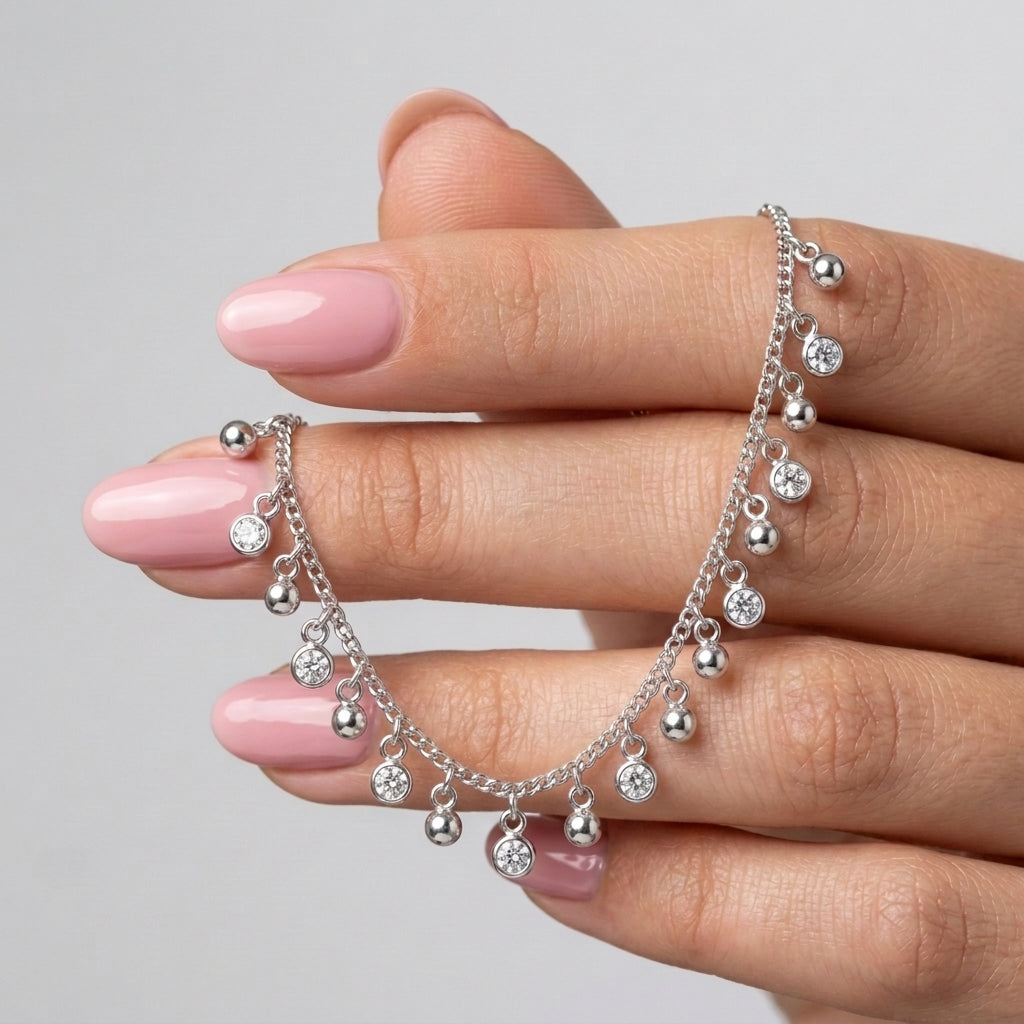 Dangling Bead Necklace with Zircon 925 Silver