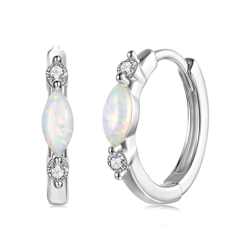 حلق فضة عيار 925 دائري بفص أوبال أبيض وزركون