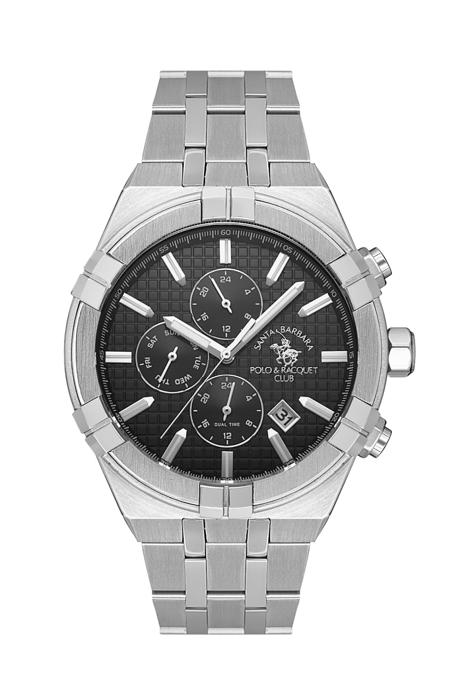 Santa Barbara Polo Men's Watch – Silver Stainless Steel with Black Dial and Multi-Function Subdials

