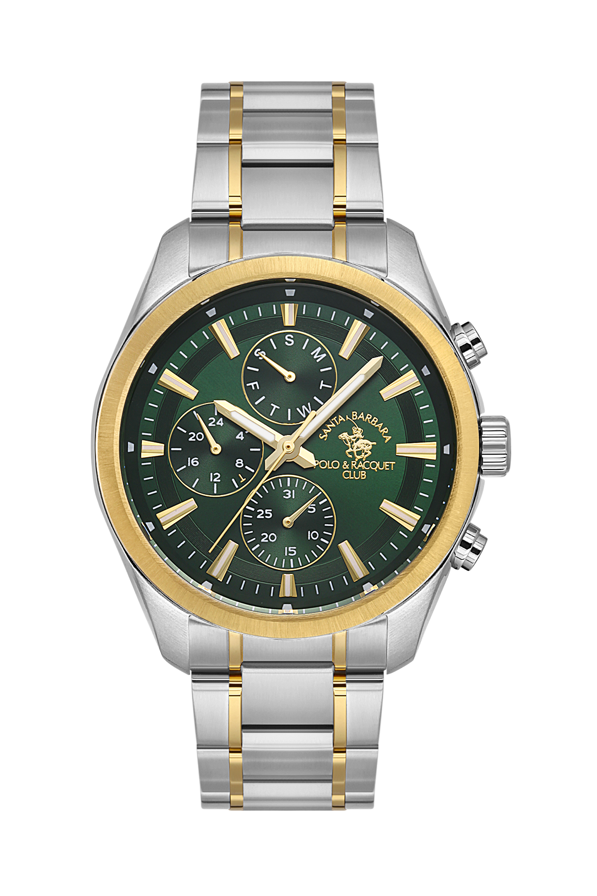 ساعة يد رجالية سانتا باربارا بولو – ستانلس ستيل فضي × ذهبي بميناء أخضر وعدادات متعددة