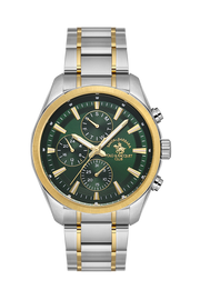 ساعة يد رجالية سانتا باربارا بولو – ستانلس ستيل فضي × ذهبي بميناء أخضر وعدادات متعددة