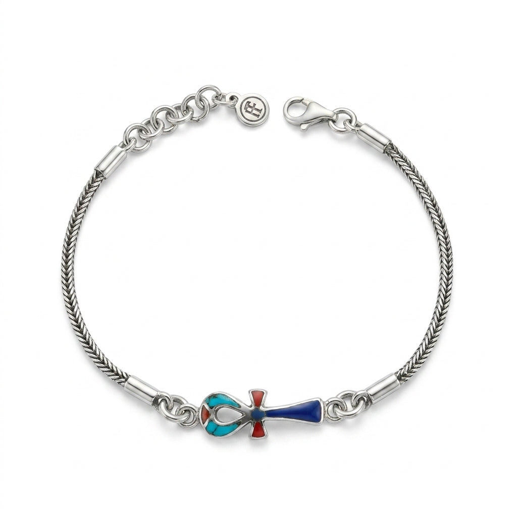 Ankh Bracelet – Egyptian-Inspired Design Adorned with Multi-Colored Gemstones